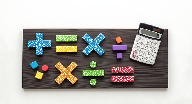 Colorful mathematical symbols and a calculator arranged on a dark wooden board surface