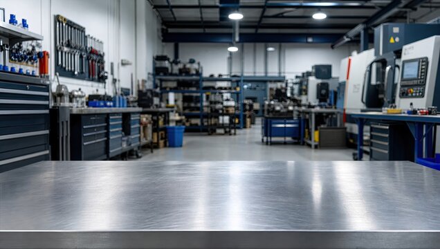 Stainless steel counter top foreground with blurred background of heavy machinery manufacturing workshop containing automated tooling equipment and storage cabinets.