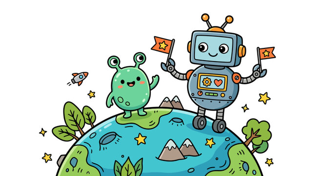 Cute Alien and Robot on Earth, Space Exploration, Friendship, Future