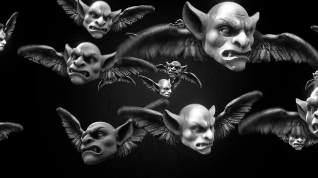 Animated gargoyle heads with wings flying in puppet stop-motion style. Gargoyles with outstretched wings in a looping flight motion, rendered with a handmade, tactile aesthetic. 