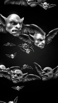 Animated gargoyle heads with wings flying in puppet stop-motion style. Gargoyles with outstretched wings in a looping flight motion, rendered with a handmade, tactile aesthetic. 