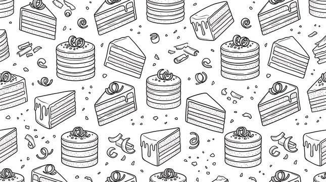 Hand-drawn seamless pattern of delicious cakes and dessert slices.