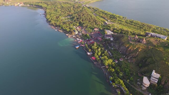Aerial view of Lake Sevan and Sevanavank monastery, Armenia.