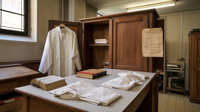 Sacristy with priest vestments and religious books in wooden wardrobe room for church interior design background and editorial use