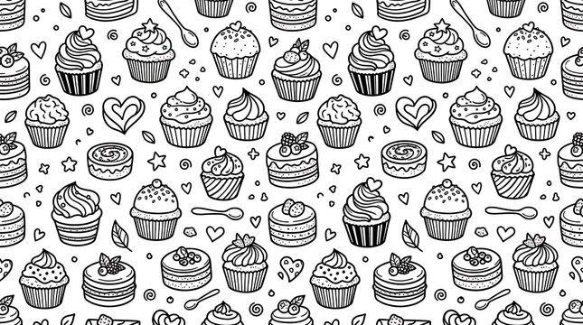 Hand-drawn seamless pattern of various cupcakes and desserts with sprinkles and hearts.