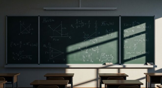 Sunlit classroom with chalkboard filled with mathematical equations and empty desks