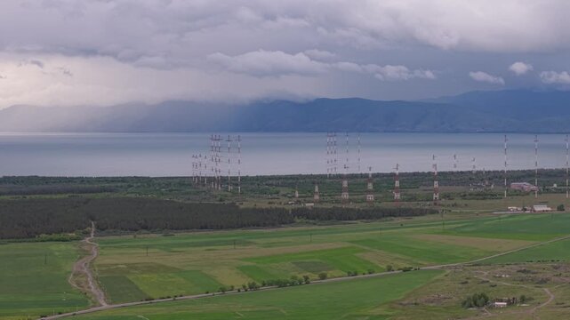 Aerial view of radio towers near Lake Sevan, Armenia.