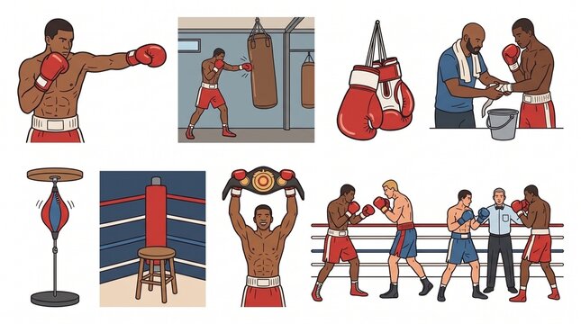 Boxing Combat Sport Vector Illustration Set Gloves Training Ring Athlete Design Collection