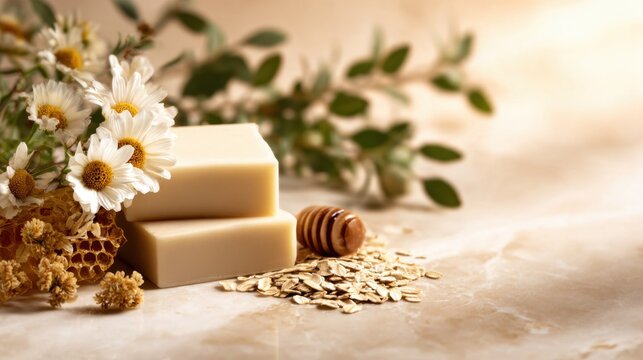 Two bars of soap surrounded by flowers, oats, and honey, set against a soft, warm background