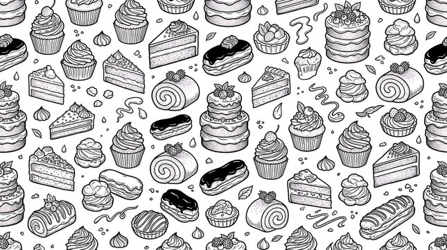 Hand Drawn Doodle Bakery Sweets and Pastries Seamless Pattern.