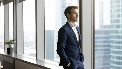 Fototapeta premium 窓の外を見つめる若手ビジネスマンの実写風ポートレート