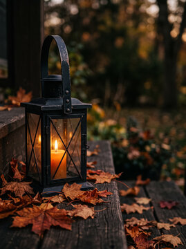 cozy lit lantern with a candle stands on a wooden porch among autumn fallen maple leaves creating a warm autumn atmosphere of halloween and comfort