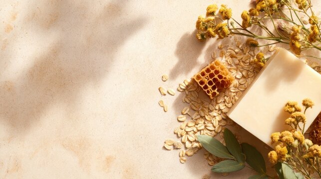 A serene composition featuring soap, honeycomb, oats, and dried flowers on a soft background