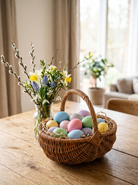 easter basket with pastel painted eggs on wooden table with spring flowers
