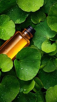 A close-up view of an amber bottle nestled among vibrant green leaves, glistening with droplets