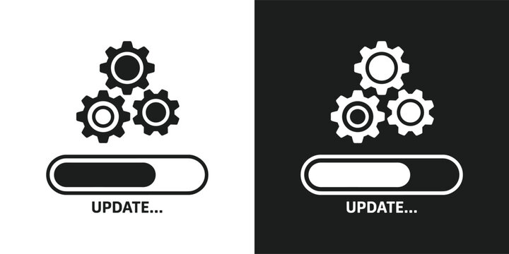 Gear Update Progress. Two visual representations depict a loading bar and three interconnected gears, signifying an ongoing update process or system maintenance.