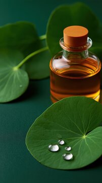 A glass bottle of amber liquid placed on green leaves with water droplets glistening above