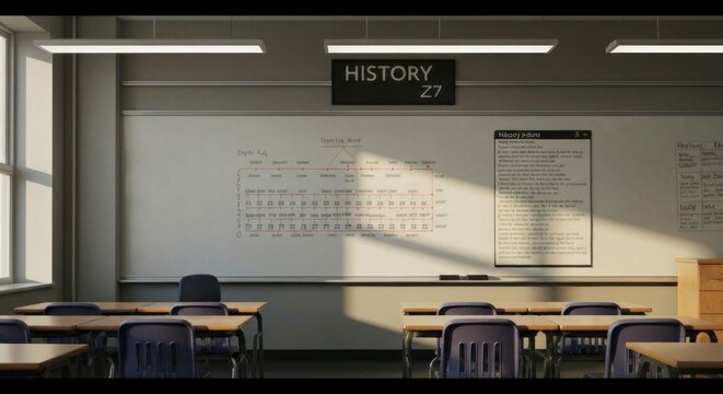 Sunlit classroom with whiteboard displaying periodic table and history notes. Empty desks and chairs