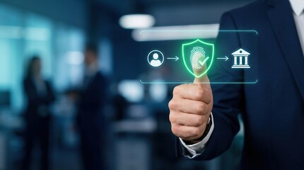 Obraz premium Businessman using biometric fingerprint scanner for secure digital banking and identity verification, concept of cybersecurity and financial technology in modern office, concept of cybersecurity and d