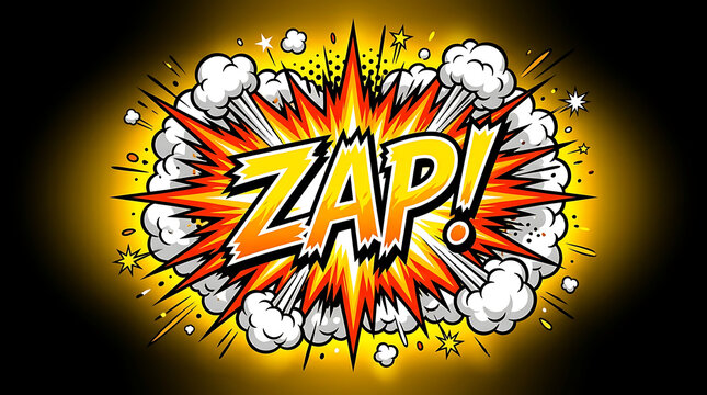 ZAP Comic Explosion with Speech Bubble and Bursting Stars on Dark Background