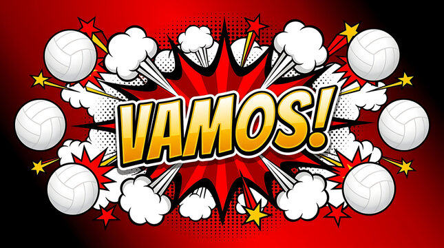 Vibrant comic text display with energetic volleyball elements, creating an exciting smash of victory anticipation