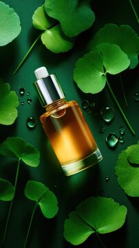 A bottle of golden liquid on a dark green background surrounded by clover leaves and droplets