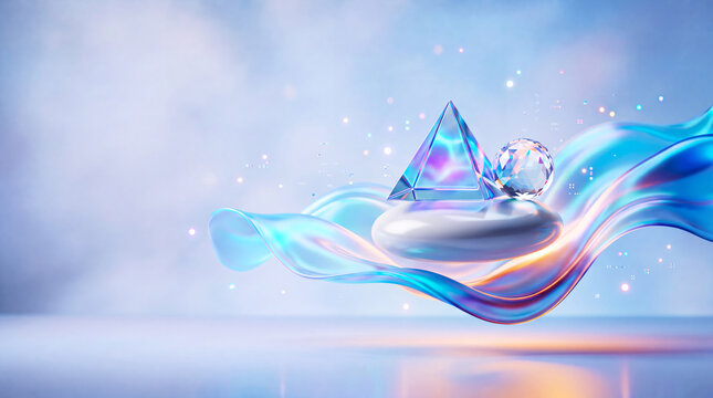3D abstract podium with glass pyramid, crystal diamond sphere and flowing iridescence fabric wellness background