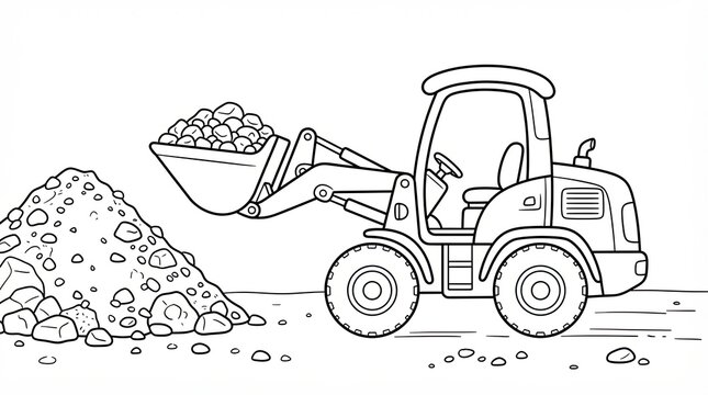 Black and white line art of a heavy construction front loader moving a pile of rocks