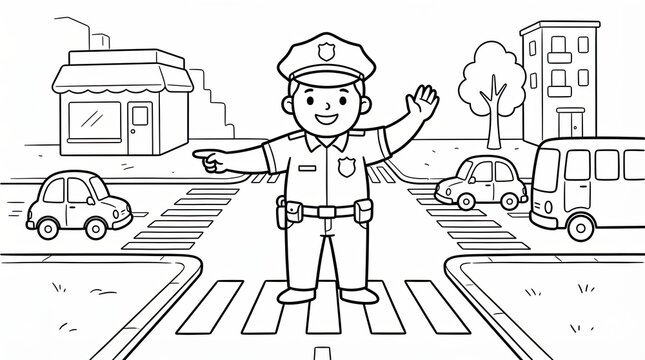 Happy police officer directing traffic at a busy city street crossing for children