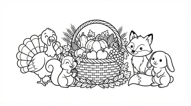 Cute thanksgiving animals with a harvest basket full of autumn food coloring page