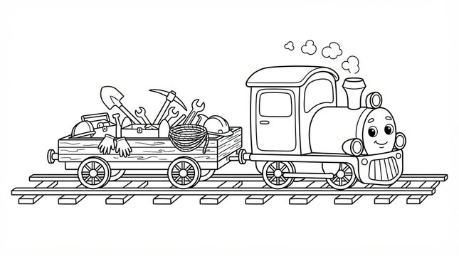 Cute cartoon steam train carrying a wooden wagon full of construction tools and gear