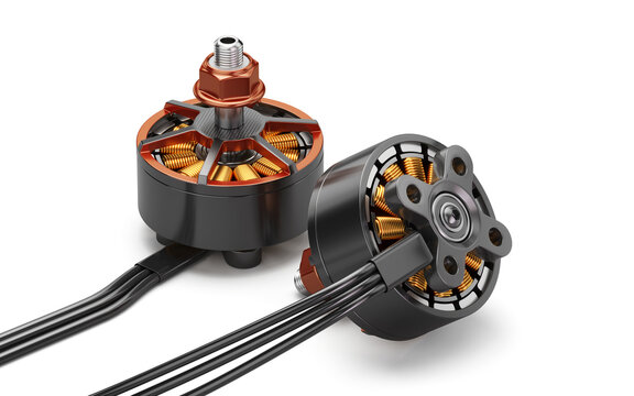 Modern brushless electric motors for FPV drones isolated on white. 3d illustration