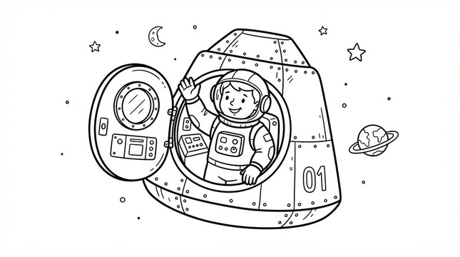 Little boy astronaut waving from inside a space rocket ship in outer space drawing