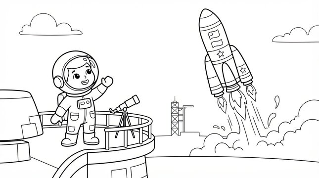 Little astronaut waving at a space rocket launching from the moon coloring page