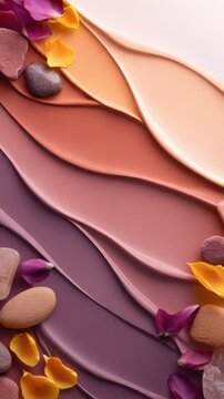 Smooth layers of pastel colors with scattered pebbles and flower petals create an elegant design