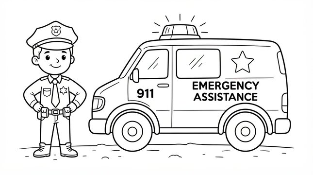 Friendly police officer standing next to an emergency assistance van