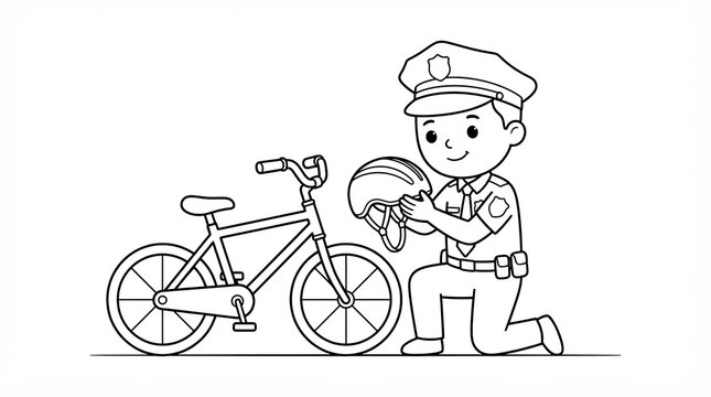 Cute police officer holding a safety helmet next to a bicycle