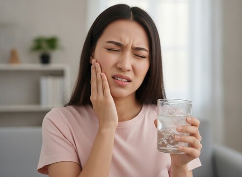 Young Asian woman suffering from sudden toothache and sensitive teeth while holding a glass of cold water at home, expressing facial pain and discomfort, concept of dental sensitivity and oral pain