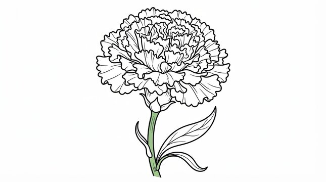 Beautiful hand drawn carnation flower illustration with stem and leaves