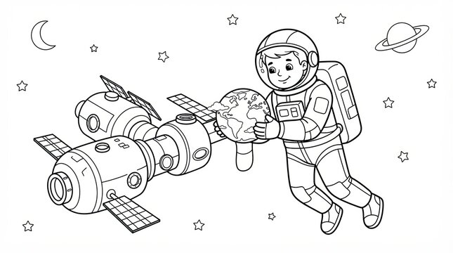 Little astronaut floating in space with a space station and planet