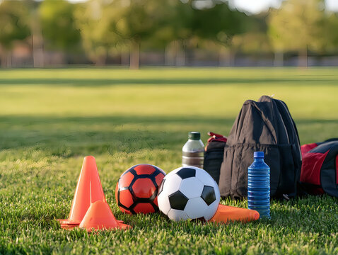 Soccer training equipment with balls, cones, water bottles, and backpacks on a grassy outdoor field, ready for practice on a sunny day.