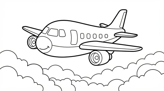 Cute cartoon airplane flying in the sky with clouds for children coloring page design