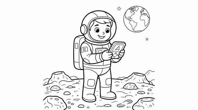 Cute little astronaut playing with a handheld game console on the moon surface