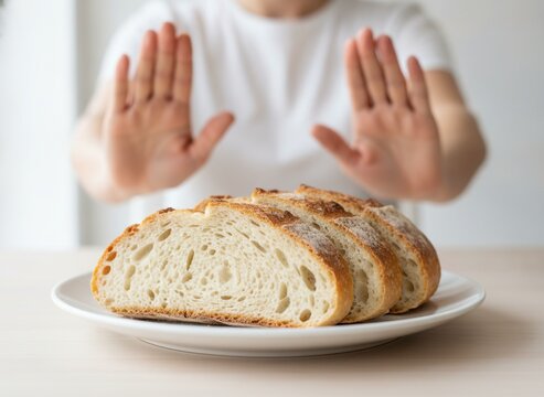 Woman making a stop gesture with her hands to a plate of sliced bread, representing gluten intolerance, celiac disease, or a low carb ketogenic diet choice, concept of dietary restriction and healthy 