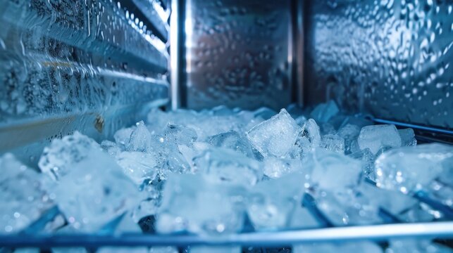 Close-Up View of Crushed Ice Cubes in a Commercial Ice Machine with Frost and Condensation
