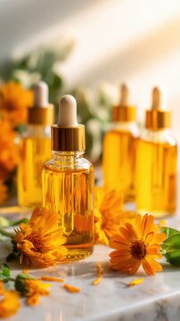 A collection of amber dropper bottles surrounded by vibrant orange flowers in soft light