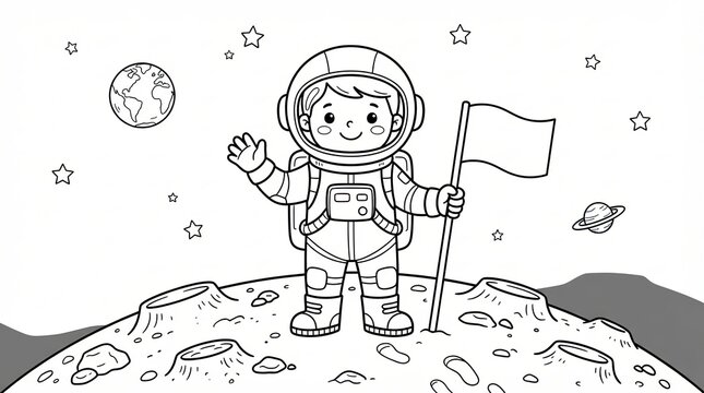 Cute cartoon astronaut holding a flag on the moon surface with stars and planets