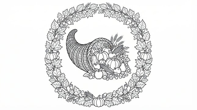 Thanksgiving cornucopia horn of plenty inside a seasonal autumn wreath