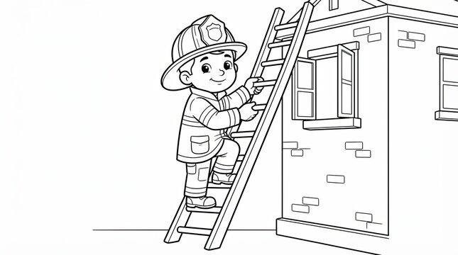 Little boy firefighter climbing a ladder to a house coloring page