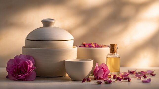 A serene arrangement of ceramic containers, rose petals, and a bottle of essence in soft light